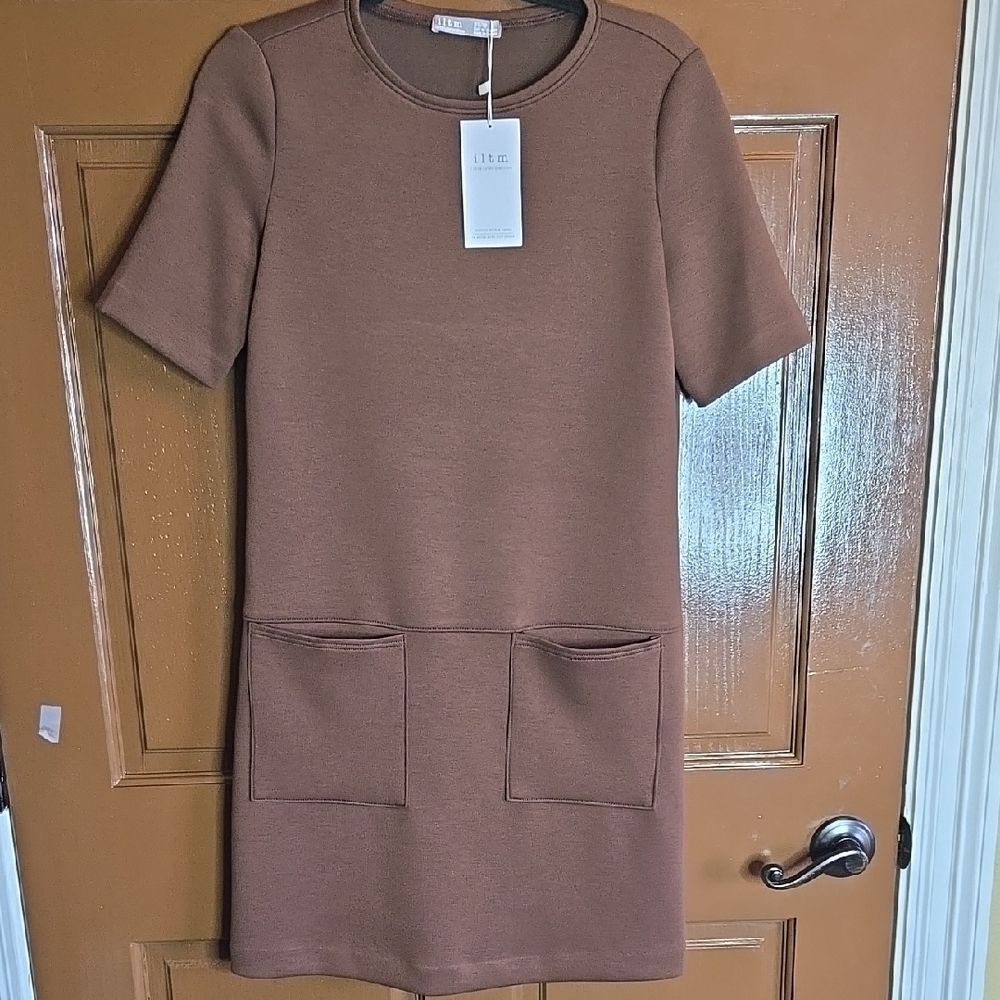 Iltm-brown pullover straight short sleeved dress with pockets Sz XS NWT